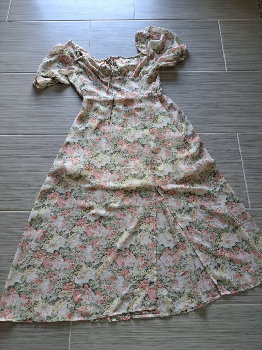 Sunday Up Floral Puff Sleeve Dress Lace-Up Front & Elastic Back Midi Milkmaid M - Picture 9 of 11